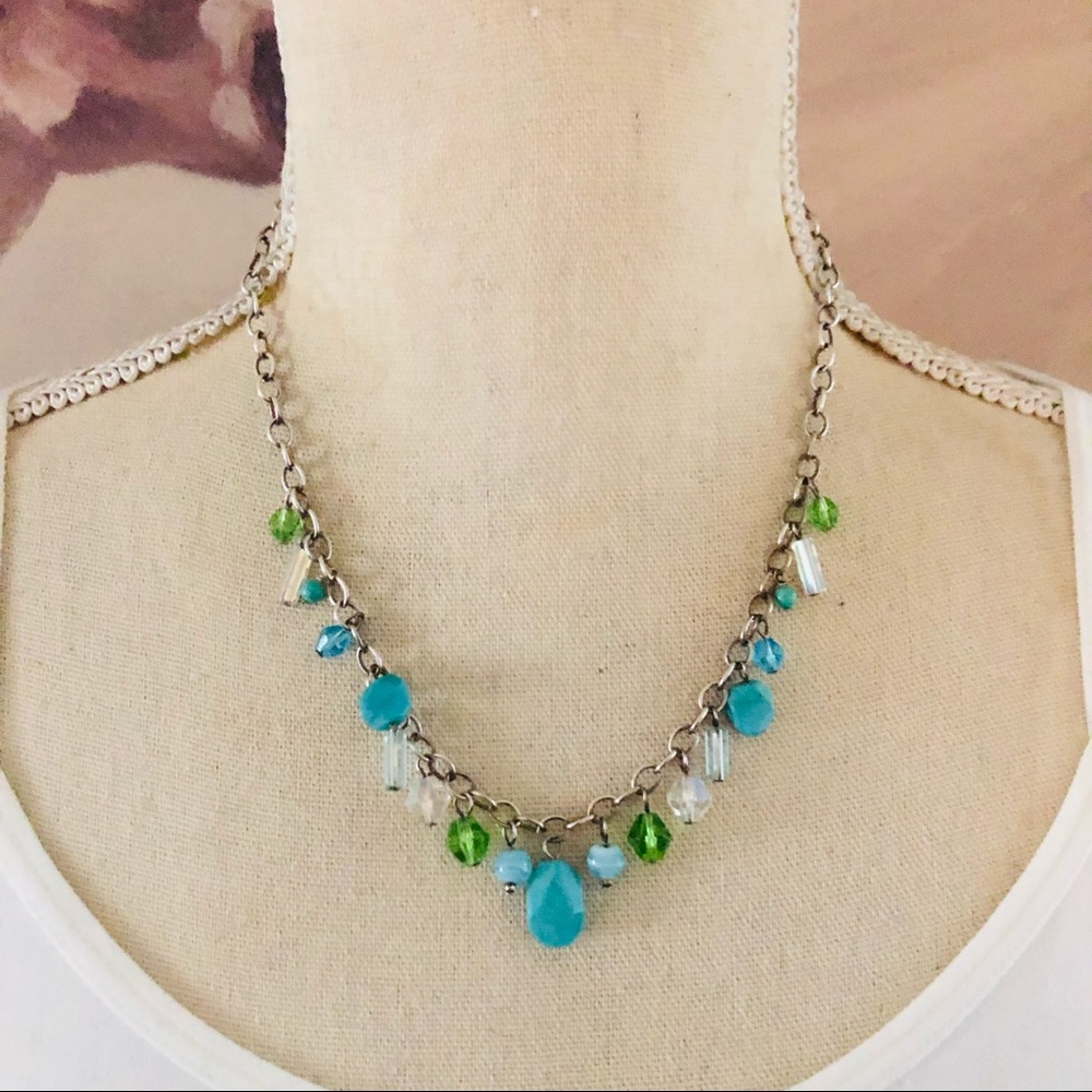Simulated turquoise and glass crystal beaded 925 sterling silver chain necklace